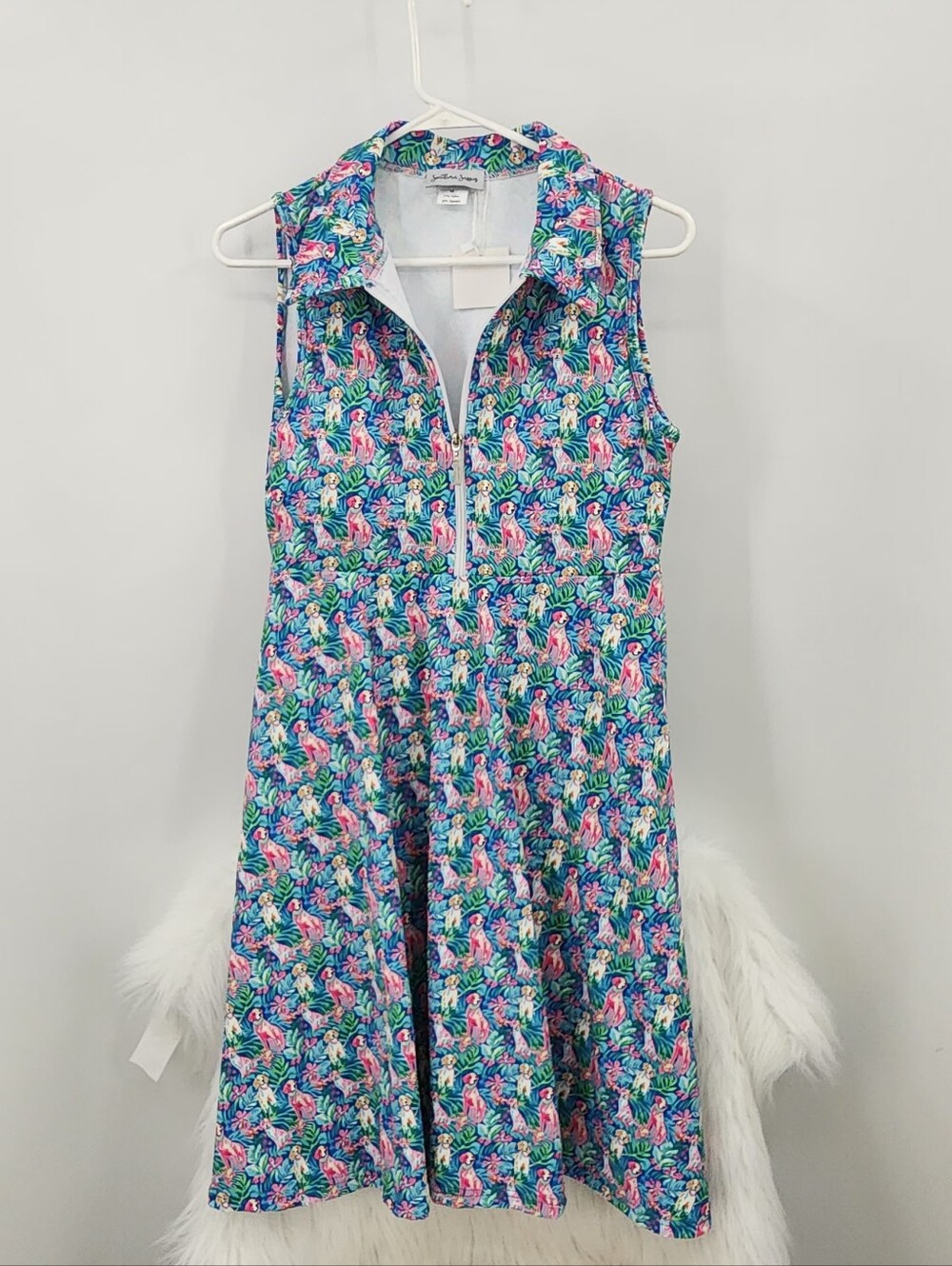 Sleeveless Blue Puppy-Print Activewear Dress Front Zip W Shorts Tennis Beachy - Picture 4 of 7